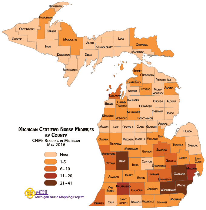 map depicts Michigan's certified nurse midwife population by county in 2016